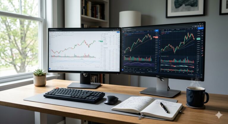 Espace de travail avec écrans affichant des graphiques boursiers et notes de trading"
