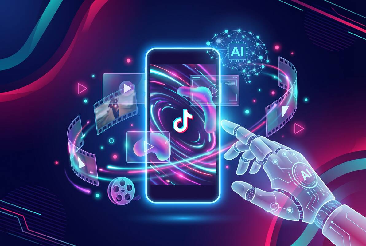L'image illustre un smartphone avec un écran TikTok lumineux surrounded de particules créatives, d'effets IA et d'éléments vidéo dynamiques. Les couleurs vives (violet, rose, bleu) reprennent la charte graphique de TikTok.