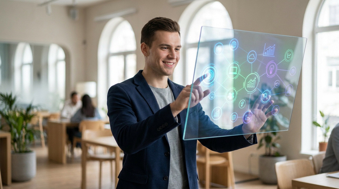 Jeune professionnel utilisant une interface numérique holographique dans un espace de coworking moderne.