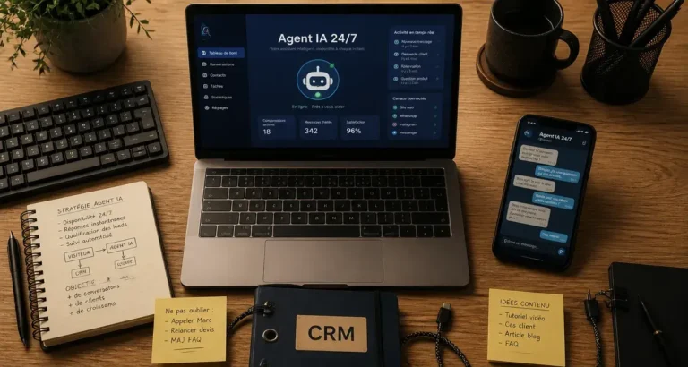 Agent IA 24/7 pour PME sur un ordinateur, conversation active sur téléphone
