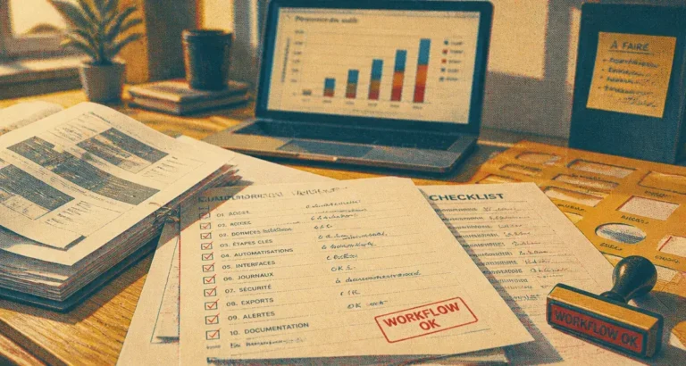 Table de designer avec checklists, gabarits et progression workflow.