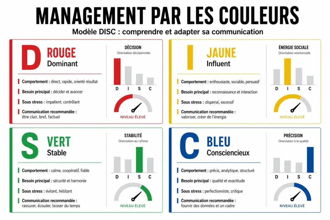 Management par les couleurs : synthèse visuelle des profils rouge, jaune, vert et bleu du modèle DISC