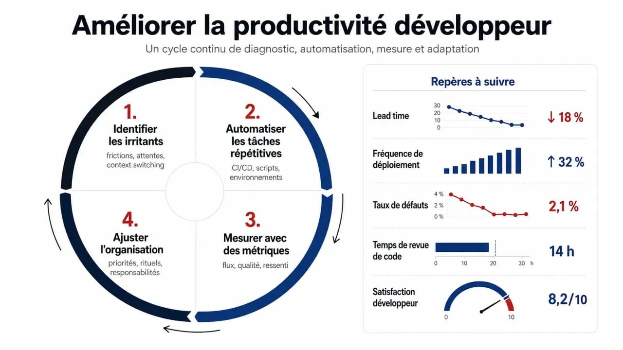 Comment améliorer la productivité des développeurs : schéma éditorial du cycle identifier, automatiser, mesurer, ajuster