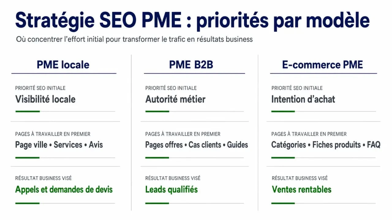 Stratégie SEO PME : comparatif visuel des priorités pour PME locale, B2B et e-commerce
