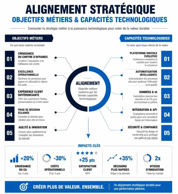 Schéma d'alignement entre les objectifs métiers et la stratégie IT pour une entreprise performante