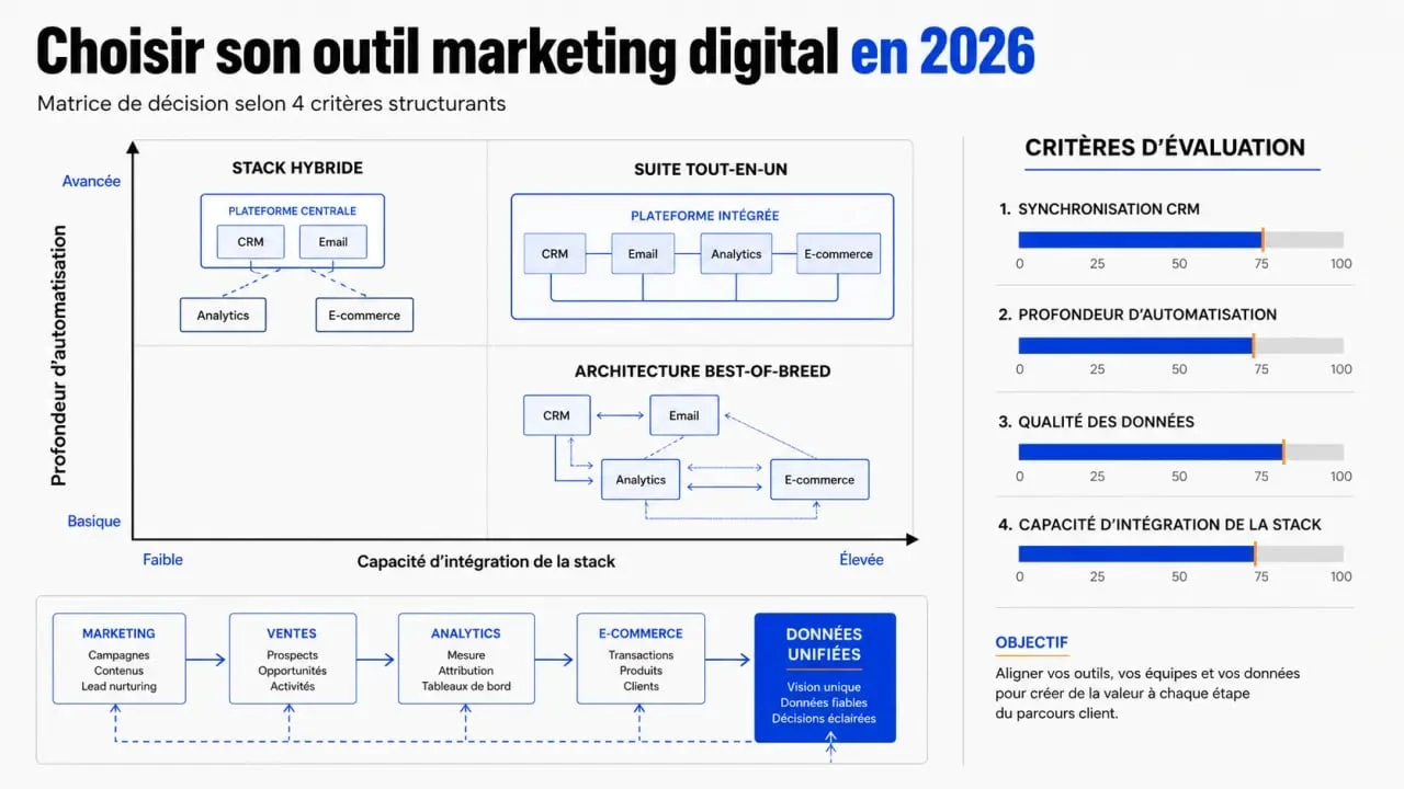 Meilleur outil marketing digital intégration logiciels 2026 : matrice visuelle des critères CRM, automatisation et données