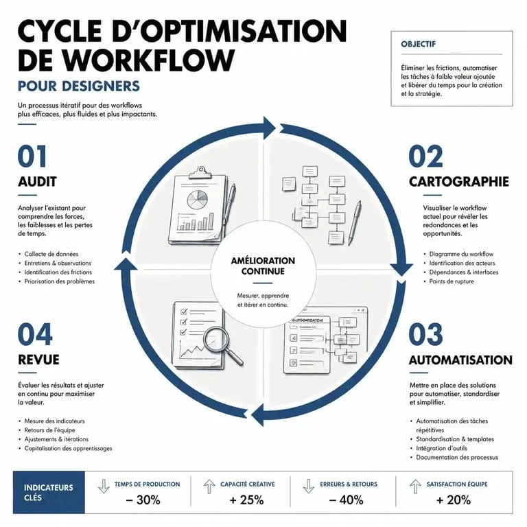 Infographie du cycle d'optimisation de workflow pour designer : audit, cartographie, automatisation et revue pour améliorer la productivité.