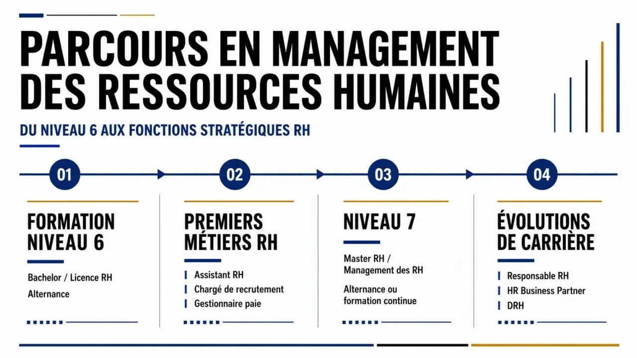 Management en ressources humaines : frise du parcours formation et des débouchés RH
