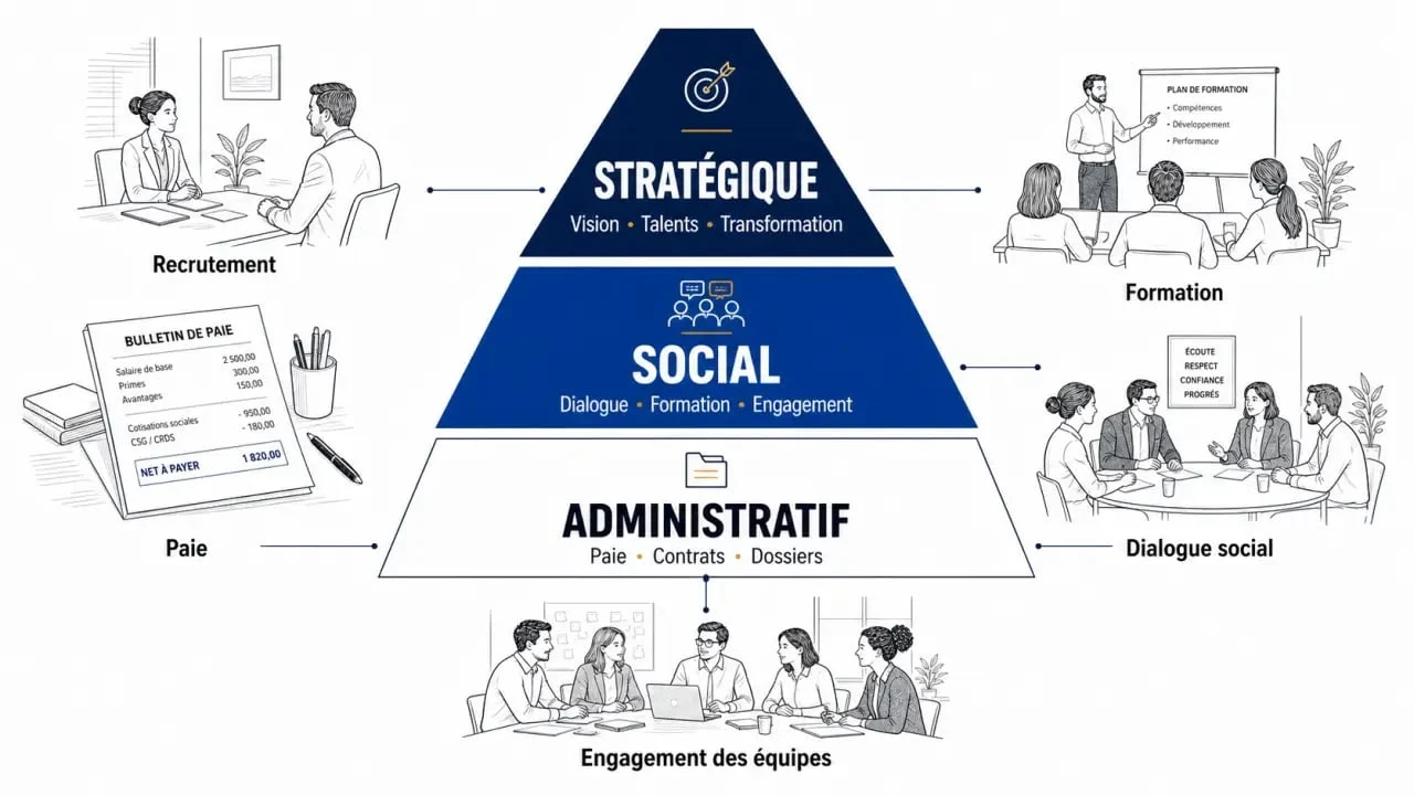 Management en ressources humaines : schéma des trois niveaux de la fonction RH, administratif, social et stratégique