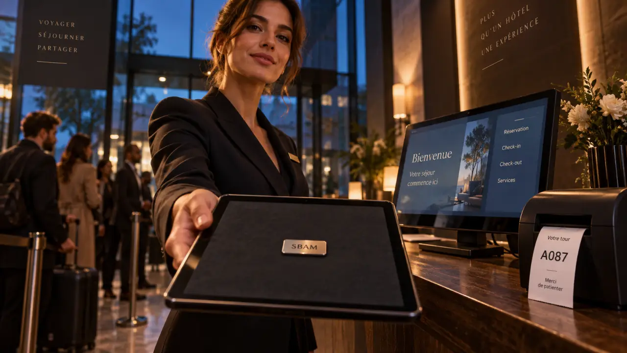 Accueil des clients : hôtesse avec tablette et ticket numéroté