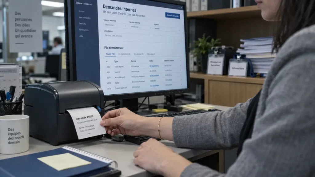 Automatisation demandes internes : employée imprime un ticket, écran formulaire de demandes internes
