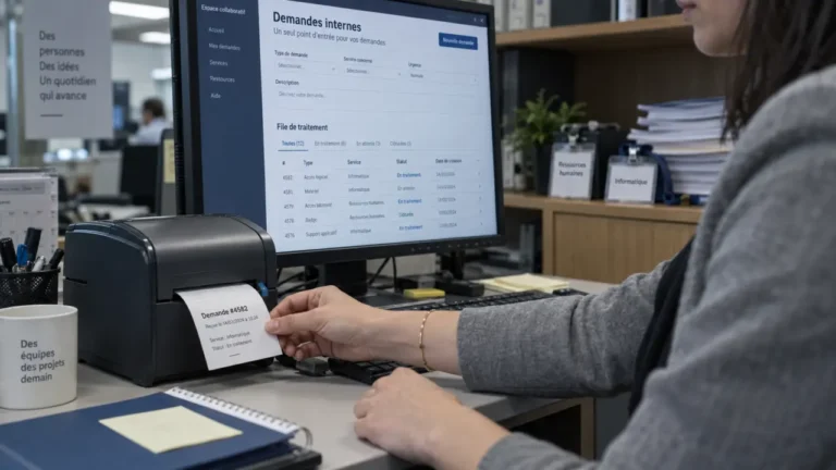 Automatisation demandes internes : employée imprime un ticket, écran formulaire de demandes internes