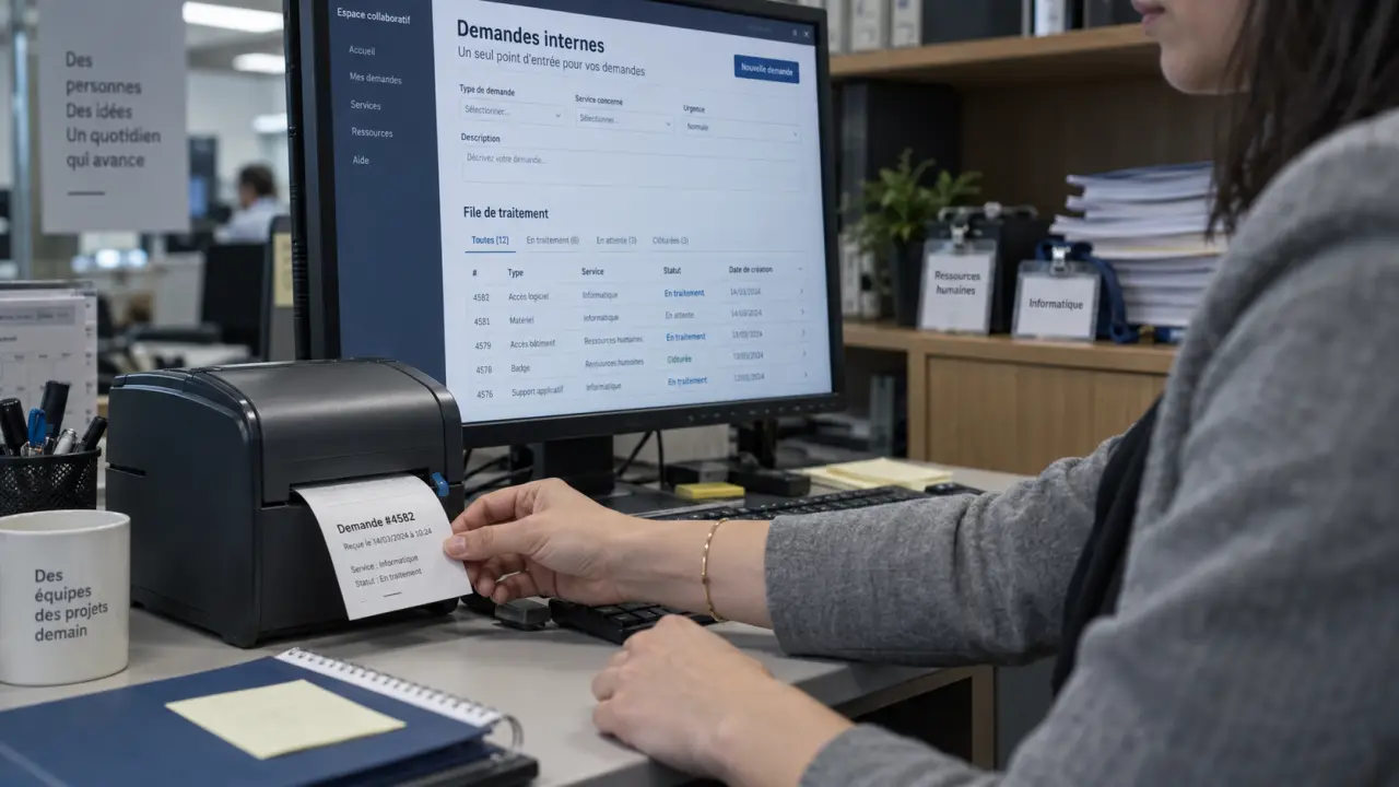 Automatisation demandes internes : employée imprime un ticket, écran formulaire de demandes internes