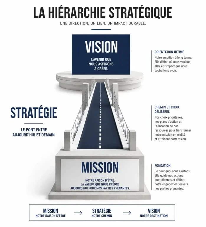 Schéma illustrant la hiérarchie entre mission, vision et stratégie d'entreprise pour une stratégie vision efficace
