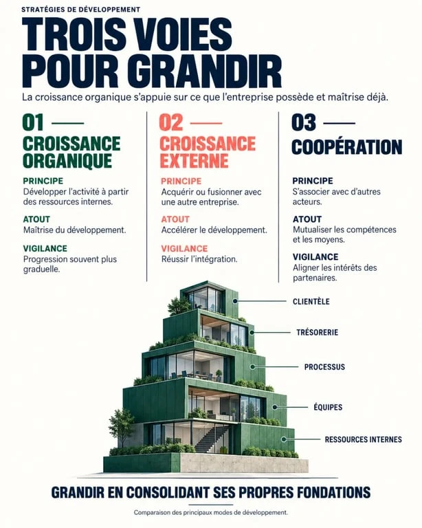 Infographie sur la croissance organique et sa comparaison avec la croissance externe et la coopération