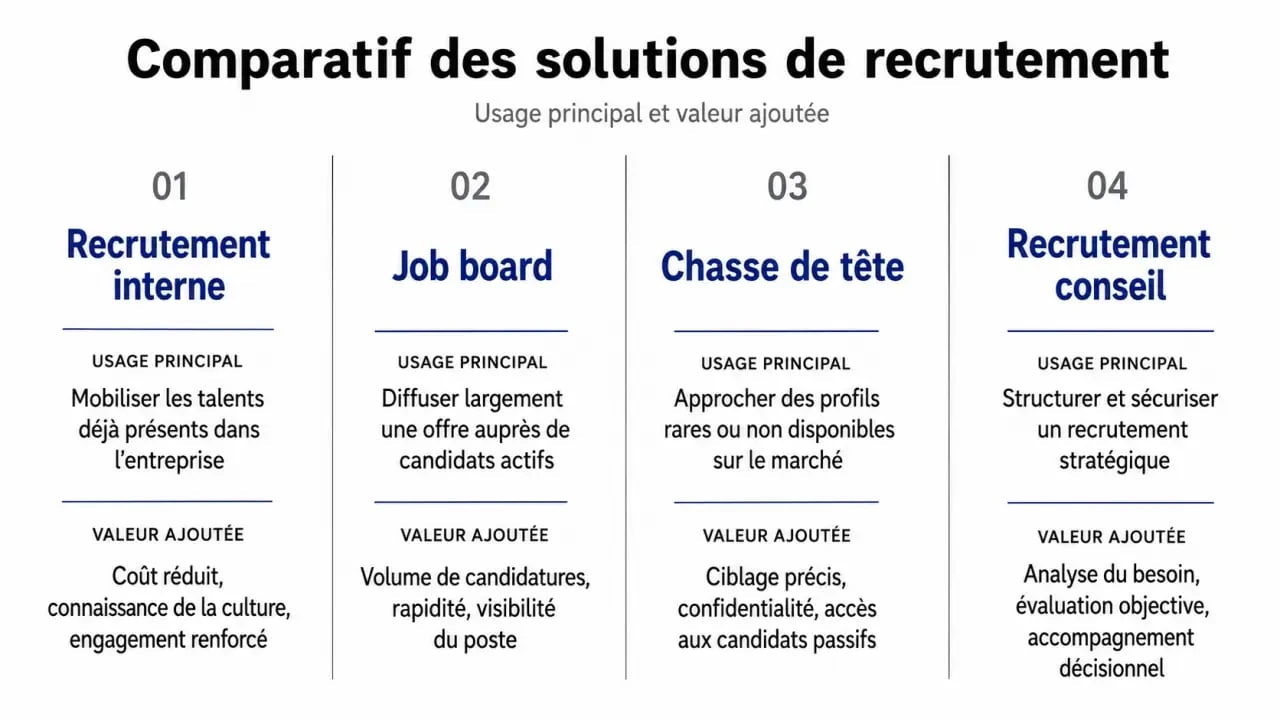 Comparatif recrutement conseil, job board, chasse de tête et recrutement interne