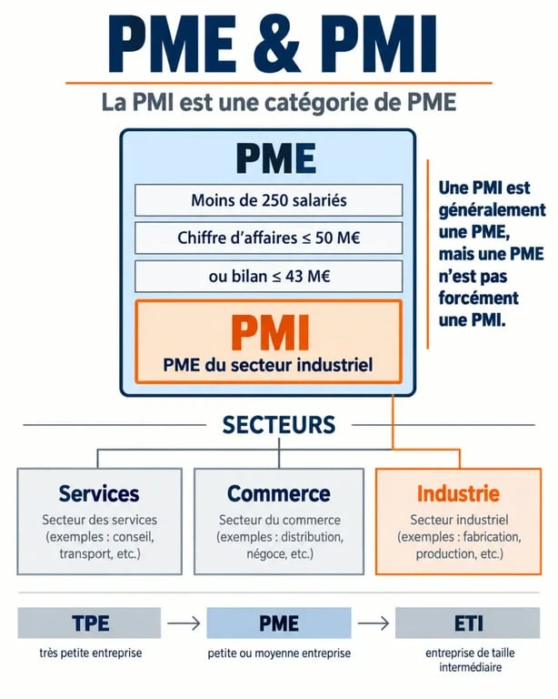 Infographie comparative PME PMI avec seuils de salariés, chiffre d'affaires et secteurs d'activité