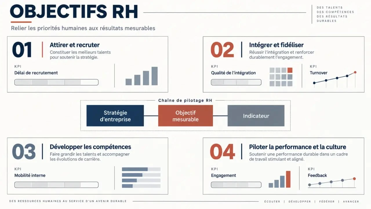 Infographie sur les objectifs RH, leurs quatre domaines prioritaires et leurs principaux KPI