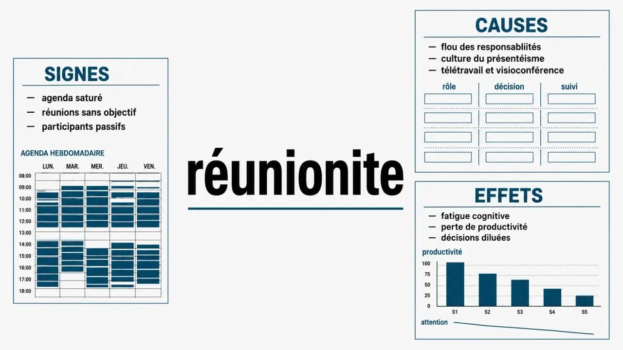 Infographie sur la réunionite : signes, causes et effets en entreprise