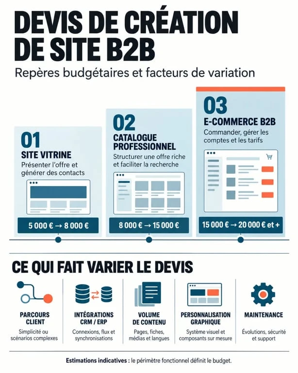 Devis création site B2B : budgets indicatifs et facteurs qui font varier le prix