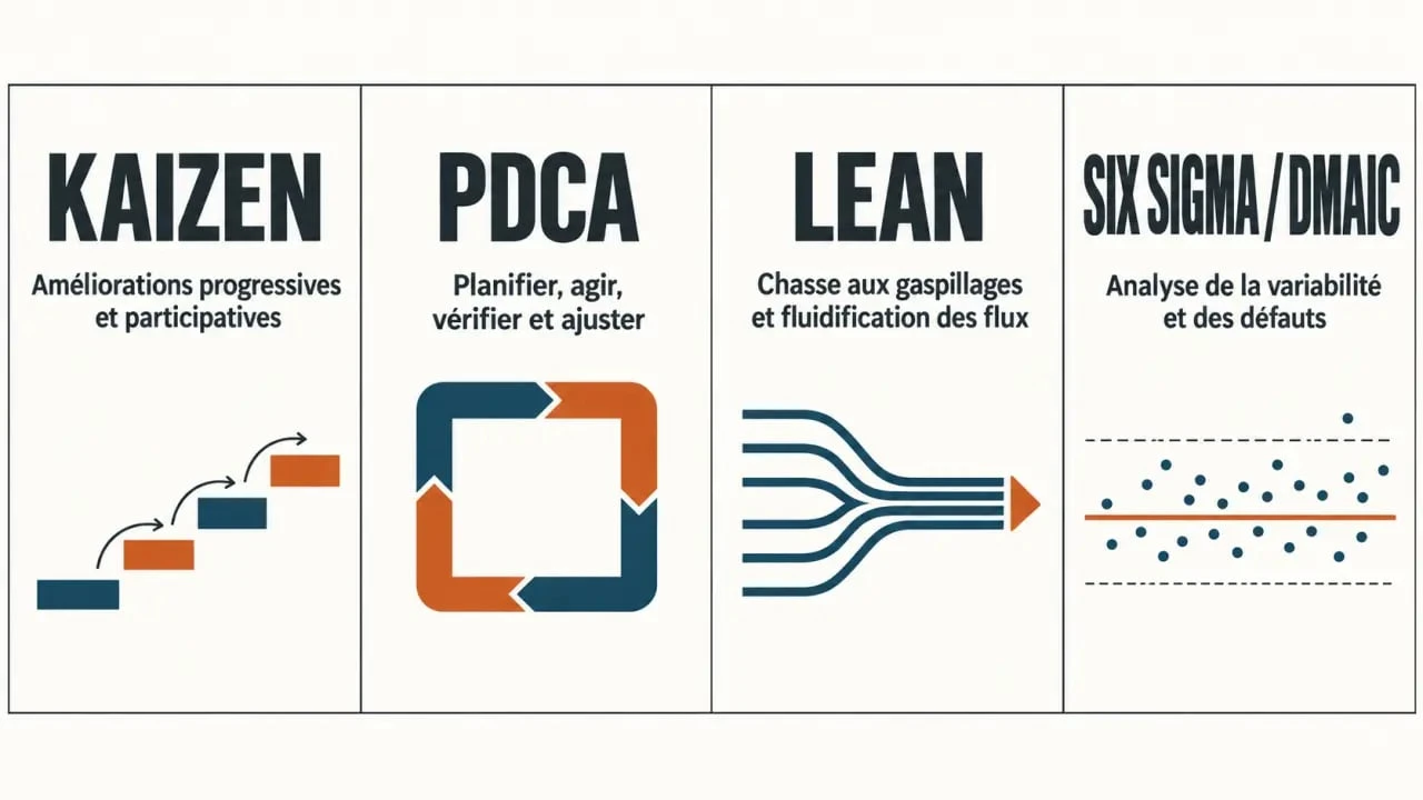 Formation en amélioration continue : comparaison visuelle du Kaizen, du PDCA, du Lean et du Six Sigma