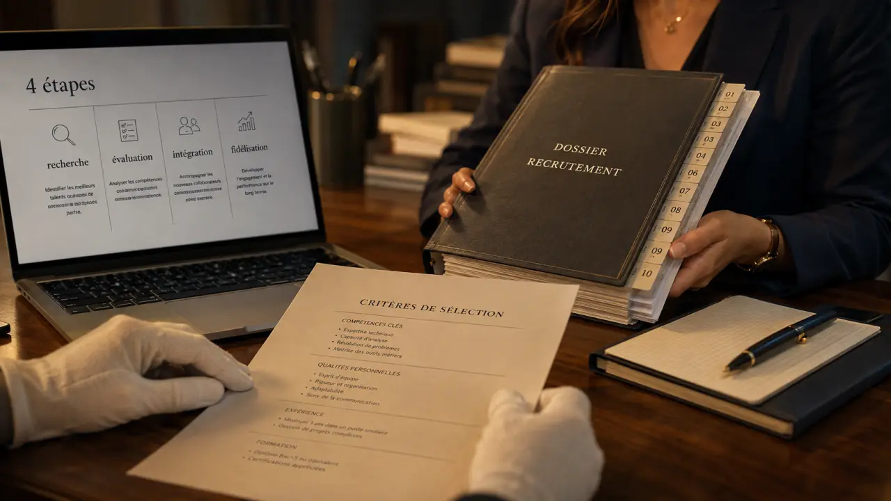 Recrutement conseil : 4 étapes RH sur bureau, dossiers numérotés