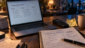 Résumé réunion automatique : décisions et actions sur ordinateur et carnet