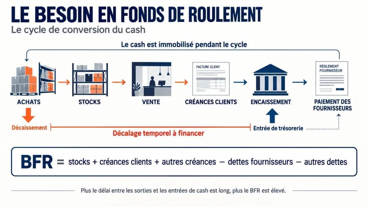 Infographie du besoin en fonds de roulement et du cycle de conversion du cash